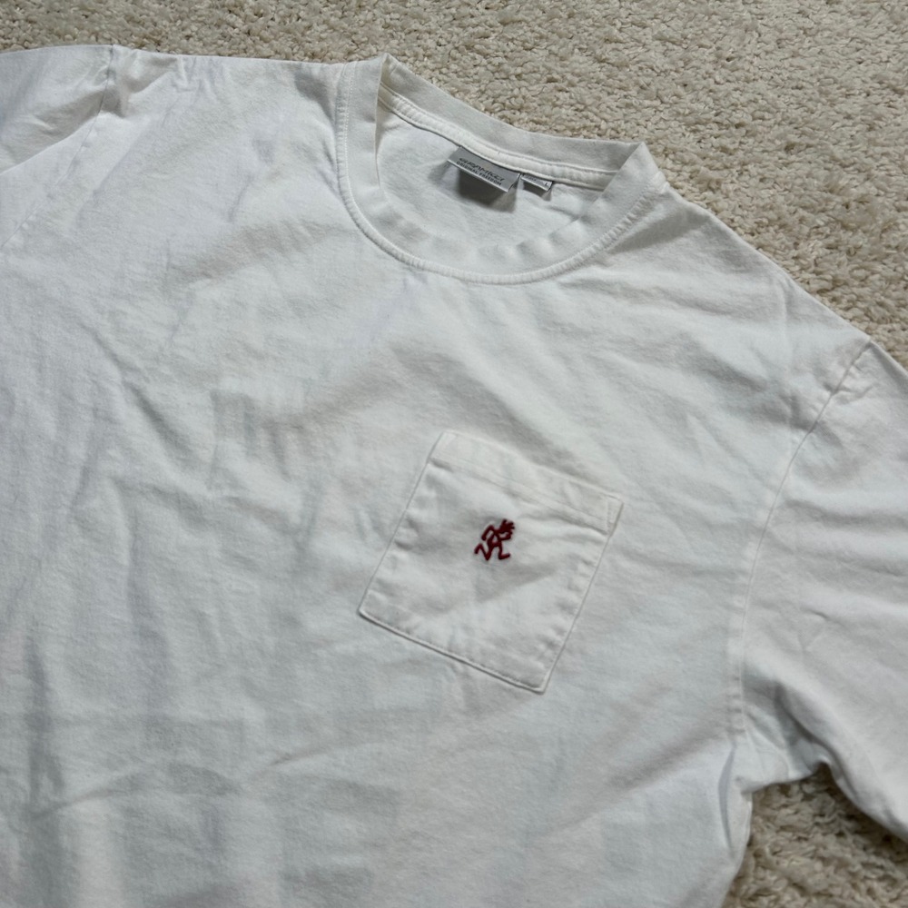 Vintage Gramicci Pocket T-Shirt Size Medium White Red Running Logo Cotton Tee